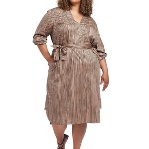 Universal Standard Tan Stripe Printed V-Neck Crossover Collar Midi Dress